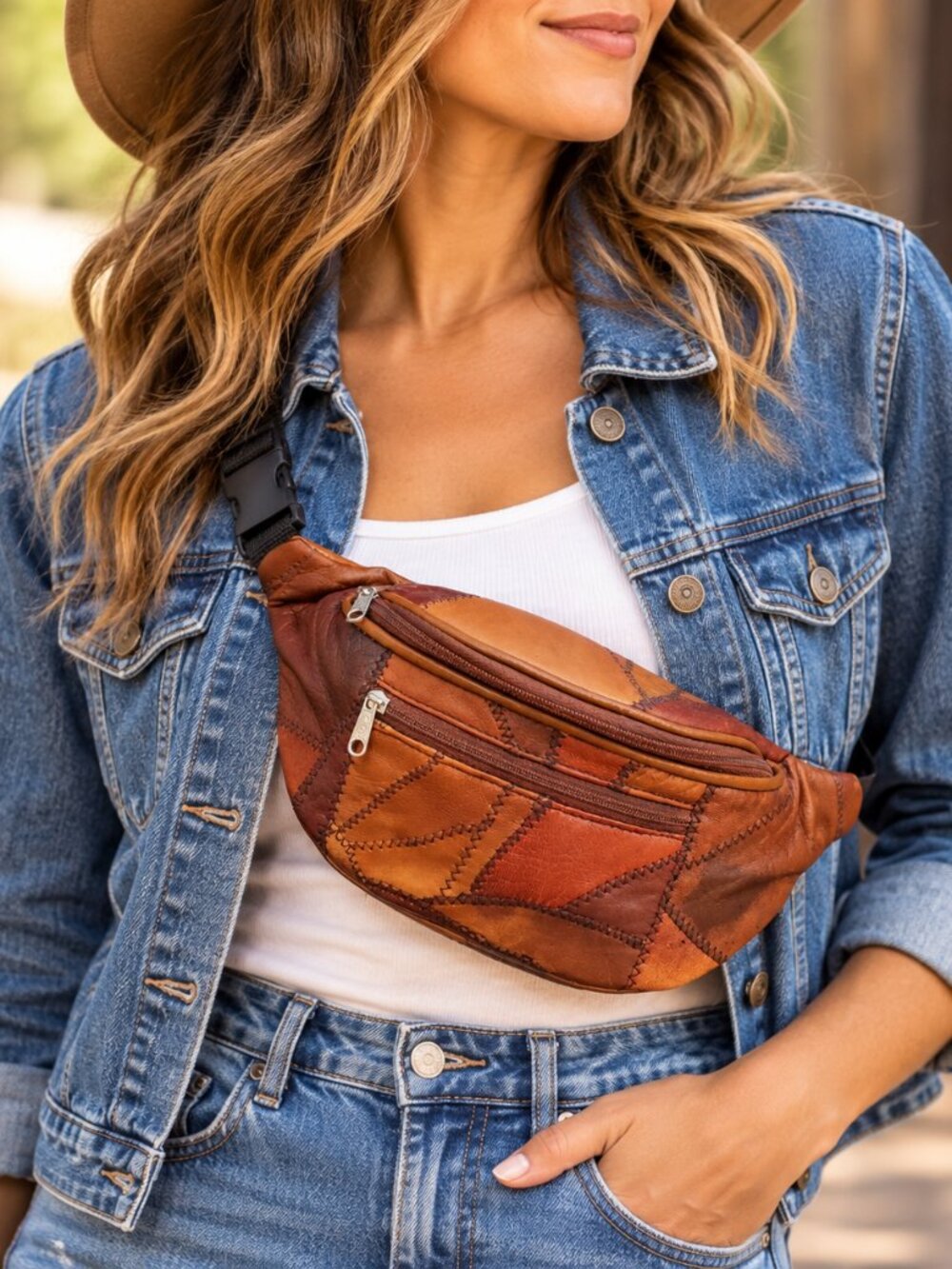 Vintage Genuine Leather Patchwork Fanny Pack Belt Bag Brown Adjustable Waist Bag